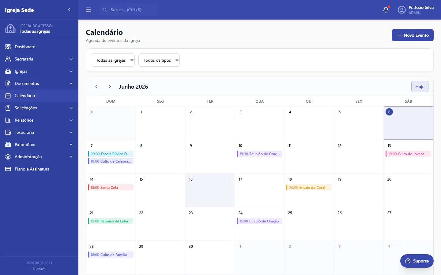 Calendário com cultos, EBD e reuniões