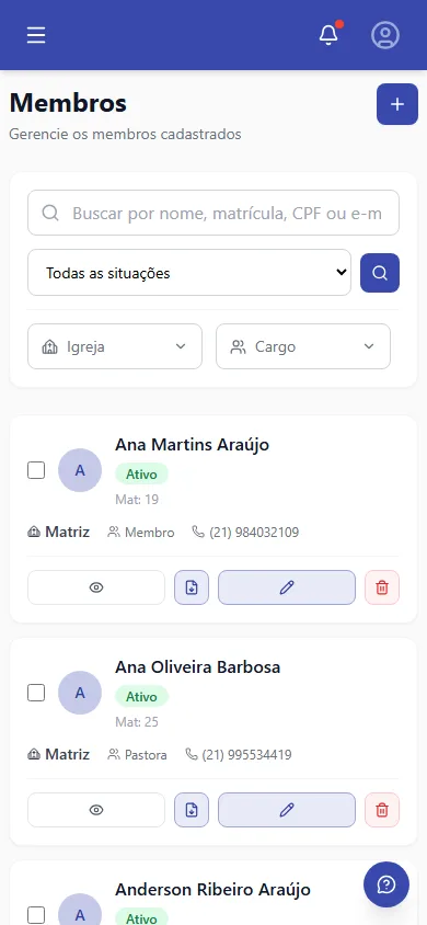 Tela de listagem de membros com nome, igreja, cargo e situação